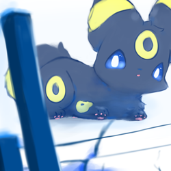 Size: 2000x2000 | Tagged: safe, artist:snoiifoxxo, eeveelution, fictional species, mammal, umbreon, feral, nintendo, pokémon, ambiguous gender, chest fluff, fluff, glass table, high res, looking at something, lying down, paws, prone, solo, solo ambiguous, table, tail