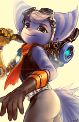 Size: 653x1000 | Tagged: safe, artist:maimoonrabbit, rivet (r&c), fictional species, lombax, mammal, anthro, ratchet & clank, 2021, arm fluff, belt, blue eyes, bottomwear, butt, clothes, ear fluff, ear piercing, earring, eyebrows, eyelashes, female, fluff, gloves, goggles, goggles on head, hair, hammer, looking at you, pants, piercing, pink nose, prosthetic arm, prosthetics, scarf, smiling, smiling at you, solo, solo female, tail, tail fluff, topwear, vest, weapon, white hair