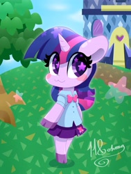 Size: 3092x4096 | Tagged: safe, artist:hungrysohma, twilight sparkle (mlp), equine, fictional species, mammal, pony, unicorn, anthro, unguligrade anthro, animal crossing, friendship is magic, hasbro, my little pony, nintendo, 2016, :3, anthrofied, blue hair, blue mane, blushing, bottomwear, chibi, clothes, cloven hooves, colored pupils, crossover, cutie mark, digital art, female, grass, hair, hooves, horn, lineless, mane, mare, outdoors, pink hair, pink mane, purple eyes, purple hair, purple mane, purple pupils, shirt, signature, skirt, sky, smiling, solo, solo female, starry eyes, starry hair, starry mane, style emulation, topwear, tree, ungulate, wingding eyes