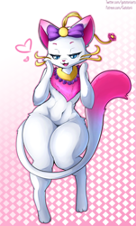 Size: 1930x3200 | Tagged: safe, artist:gatotorii, yuumi (league of legends), oc, oc only, cat, feline, mammal, anthro, semi-anthro, league of legends, 2021, bedroom eyes, cute, cute little fangs, digital art, ears, eyelashes, fangs, female, fur, open mouth, paws, simple background, solo, solo female, tail, teeth, tongue
