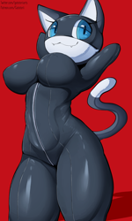 Size: 2400x4000 | Tagged: suggestive, artist:gatotorii, morgana (persona), cat, feline, mammal, anthro, persona (series), persona 5, 2021, armpits, arms behind head, breasts, clothes, cute, cute little fangs, digital art, ears, fangs, female, fur, looking at you, mask, nipple outline, pose, simple background, solo, solo female, suit, tail, teeth, thighs, wide hips