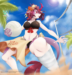 Size: 1222x1280 | Tagged: safe, artist:alsensei908, oc, oc only, dragon, fictional species, anthro, 2020, ball, beach, belly button, bikini, breasts, clothes, cloud, digital art, dragoness, ears, eyelashes, female, hair, open mouth, sand, sarong, scales, sky, swimsuit, tail, thighs, volleyball, volleyball net, wide hips