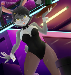 Size: 1222x1280 | Tagged: safe, artist:alsensei908, oc, oc only, lagomorph, mammal, rabbit, anthro, 2020, breasts, bunny ears, bunny suit, clothes, digital art, ears, eyelashes, fur, glasses, hair, legwear, looking at you, nightclub, open mouth, pink nose, round glasses, stockings, tail, thighs, waiter, wide hips