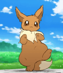 Size: 600x696 | Tagged: safe, artist:cco00oo, artist:zaush, collaboration, eevee, eeveelution, fictional species, mammal, semi-anthro, nintendo, pokémon, 2019, 2d, 2d animation, :3, ambiguous gender, animated, bipedal, brown body, brown eyes, brown fur, chest fluff, cream body, cream fur, cute, dancing, dipstick tail, ear fluff, eyes closed, fluff, frame by frame, fur, gif, happy, looking at you, loop, multicolored fur, neck fluff, open mouth, open smile, outdoors, paws, smiling, solo, solo ambiguous, tail, tail fluff, tongue, two toned body, two toned fur