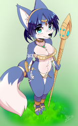 Size: 1800x2900 | Tagged: safe, artist:mirrorreach, krystal (star fox), canine, fox, mammal, anthro, cc by-nc-nd, creative commons, nintendo, star fox, 2021, adorasexy, arm fluff, armor, big breasts, black nose, blue body, blue fur, blue hair, body markings, bottomwear, breasts, cleavage fluff, clothes, cute, ear fluff, eyebrows, eyelashes, female, fluff, fur, hair, hair accessory, hairband, jewelry, krystal's staff, looking at you, multicolored fur, necklace, sandals, sexy, shoes, short hair, solo, solo female, spear, tail, teal eyes, topwear, tribal markings, two toned body, two toned fur, unconvincing armor, vixen, weapon, white body, white fur