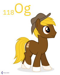 Size: 4000x5000 | Tagged: safe, artist:parclytaxel, oc, oc only, oc:acres, earth pony, equine, fictional species, mammal, pony, feral, series:joycall6's periodic table, hasbro, my little pony, .svg available, absurd resolution, chemistry, clothes, commission, hat, male, oganesson, periodic table, simple background, smiling, socks (leg marking), solo, solo male, stallion, vector, white background