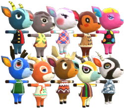 Size: 750x650 | Tagged: safe, bam (animal crossing), beau (animal crossing), bruce (animal crossing), diana (animal crossing), erik (animal crossing), fauna (animal crossing), fuchsia (animal crossing), lopez (animal crossing), zell (animal crossing), antelope, bovid, cervid, deer, mammal, moose, anthro, unguligrade anthro, animal crossing, animal crossing: new leaf, nintendo, 3d, antlers, buck, clothes, deirdre (animal crossing), digital art, doe, eyebrows, eyelashes, female, fluff, freckles, fur, group, hair, head fluff, hooves, horns, large group, male, model, model download at source, render, short tail, simple background, t pose, tail, transparent background, ungulate