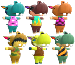 Size: 750x650 | Tagged: safe, bertha (animal crossing), biff (animal crossing), hippopotamus, mammal, anthro, unguligrade anthro, animal crossing, animal crossing: new leaf, nintendo, 3d, bubbles (animal crossing), clothes, digital art, eyebrows, eyelashes, female, group, hair, harry (animal crossing), hippeux (animal crossing), hooves, male, model, model download at source, render, rocco (animal crossing), short tail, simple background, t pose, tail, teeth, transparent background, tusks, ungulate