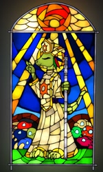 Size: 768x1280 | Tagged: safe, artist:bluedraggy, artist:kuroneko, oc, oc only, fictional species, kobold, reptile, clothes, mitre, solo, staff, stained glass