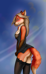 Size: 1380x2200 | Tagged: suggestive, artist:paintchaser, oc, canine, fox, mammal, anthro, butt, clothes, dress, female, legwear, solo, solo female, stockings