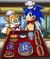 Size: 1280x1525 | Tagged: safe, artist:vixdojofox, miles "tails" prower (sonic), sonic the hedgehog (sonic), canine, fox, hedgehog, mammal, red fox, anthro, sega, sonic the hedgehog (series), 2021, anniversary, blueberry, cake, chef's hat, chili dog, clothes, duo, duo male, food, french fries, hamburger, hat, hot dog, male, males only, meatballs, popsicle, spaghetti