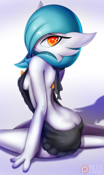Size: 1000x1677 | Tagged: suggestive, artist:rilexlenov, fictional species, gardevoir, shiny pokémon, anthro, nintendo, pokémon, 2017, breasts, clothes, digital art, eyelashes, female, hair, looking at you, looking back, looking back at you, one eye closed, pose, rear view, sideboob, solo, solo female, sweater, thighs, topwear, virgin killer sweater