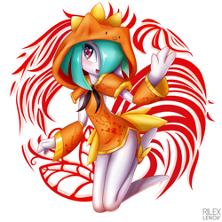 Size: 1500x1500 | Tagged: safe, artist:rilexlenov, fictional species, kirlia, torchic, humanoid, nintendo, pokémon, 2017, chinese new year, clothes, digital art, eyelashes, female, hair, hoodie, one eye closed, open mouth, pose, solo, solo female, starter pokémon, thighs, topwear
