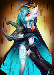 Size: 1080x1502 | Tagged: safe, artist:rilexlenov, midna (zelda), fictional species, gardevoir, anthro, nintendo, pokémon, the legend of zelda, the legend of zelda: twilight princess, 2017, belly button, breasts, clothes, cosplay, digital art, dress, evening gloves, eyelashes, female, gloves, hair, long gloves, one eye closed, pose, solo, solo female, thighs
