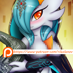 Size: 1080x1080 | Tagged: suggestive, alternate version, artist:rilexlenov, midna (zelda), fictional species, gardevoir, anthro, nintendo, pokémon, the legend of zelda, the legend of zelda: twilight princess, 2017, braless, breasts, censored, clothes, cosplay, digital art, dress, exposed breasts, eyelashes, female, hair, one eye closed, pose, solo, solo female