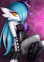 Size: 2121x3000 | Tagged: safe, artist:rilexlenov, fictional species, gardevoir, shiny pokémon, anthro, nintendo, pokémon, 2016, boots, breasts, clothes, digital art, eyelashes, female, goth, hair, high res, legwear, one eye closed, pose, shoes, simple background, solo, solo female, stockings, thighs