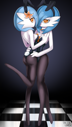 Size: 1406x2500 | Tagged: suggestive, artist:rilexlenov, fictional species, gardevoir, anthro, nintendo, pokémon, 2016, breasts, bunny ears, bunny suit, butt, clothes, digital art, duo, duo female, eyelashes, female, female/female, females only, hair, legwear, looking at you, looking back, looking back at you, one eye closed, rear view, sideboob, stockings, thighs