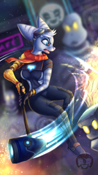 Size: 864x1536 | Tagged: safe, artist:calena, rivet (r&c), fictional species, lombax, mammal, anthro, ratchet & clank, 2021, blue eyes, bottomwear, butt, clothes, ear piercing, earring, eyebrows, eyelashes, female, gloves, goggles, goggles on head, hair, hammer, pants, piercing, pink nose, prosthetic arm, prosthetics, scarf, topwear, vest, weapon, white hair