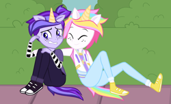 Size: 2952x1800 | Tagged: safe, artist:machakar52, dark (teen-z), light (teen-z), animal humanoid, equine, fictional species, mammal, unicorn, humanoid, teen-z, equestria girls, friendship is magic, hasbro, my little pony, bottomwear, brother, brothers, clothes, duo, eared humanoid, equestria girls-ified, eyes closed, freckles, hair, horn, horned humanoid, male, males only, pants, rainbow hair, shoes, siblings, sitting, style emulation, tail, tailed humanoid, topwear, twins