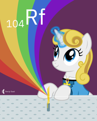 Size: 4000x5000 | Tagged: safe, artist:parclytaxel, oc, oc only, oc:guiding light, equine, fictional species, mammal, pony, unicorn, feral, series:joycall6's periodic table, hasbro, my little pony, .svg available, absurd resolution, ankh, chemistry, commission, female, jewelry, looking up, magic, magic aura, mare, necklace, periodic table, pink background, rainbow, rutherfordium, simple background, smiling, solo, solo female, vector