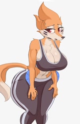 Size: 775x1200 | Tagged: safe, artist:cooliehigh, buizel, fictional species, mammal, anthro, nintendo, pokémon, big breasts, bottomwear, breasts, chest fluff, clothes, crop top, dipstick tail, eyebrows, eyelashes, female, fluff, fur, hand on thigh, looking at you, midriff, open mouth, orange body, orange fur, pants, red eyes, shoulder fluff, simple background, solo, solo female, sports bra, tail, tan body, tan fur, thighs, topwear, white background
