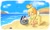 Size: 2325x1411 | Tagged: safe, artist:venkydraws, isabelle (animal crossing), raymond (animal crossing), canine, cat, dog, feline, mammal, shih tzu, anthro, animal crossing, animal crossing: new horizons, nintendo, beach, bikini, breasts, clothes, duo, exclamation point, eyebrows, eyelashes, eyes closed, female, fur, glasses, gray body, gray fur, heart, heterochromia, kneeling, male, open mouth, open smile, outdoors, paw pads, paws, sand, seashell, smiling, swimsuit, yellow body, yellow fur