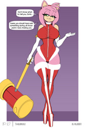 Size: 800x1200 | Tagged: suggestive, artist:tailsrulz, amy rose (sonic), hedgehog, mammal, anthro, plantigrade anthro, sega, sonic the hedgehog (series), 2021, breasts, clothes, female, legwear, leotard, mallet, solo, solo female, thigh highs
