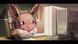 Size: 4096x2304 | Tagged: safe, artist:xripy, eevee, eeveelution, fictional species, mammal, nintendo, pokémon, 16:9, ambiguous gender, brown body, brown fur, chair, computer, computer monitor, computer mouse, fluff, fur, headphones, headset, ibm, neck fluff, purple eyes, smiling, solo, solo ambiguous, sticker, wallpaper