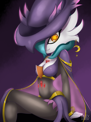 Size: 1422x1920 | Tagged: safe, artist:rilexlenov, fictional species, gardevoir, mismagius, anthro, nintendo, pokémon, 2016, breasts, clothes, cosplay, digital art, dress, eyelashes, female, hair, hat, looking at you, one eye closed, pose, simple background, sitting, solo, solo female, thighs, witch hat