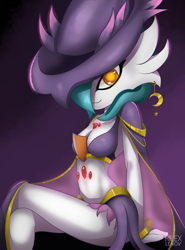 Size: 1422x1920 | Tagged: safe, alternate version, artist:rilexlenov, fictional species, gardevoir, mismagius, anthro, nintendo, pokémon, 2016, bikini, breasts, clothes, cosplay, digital art, eyelashes, female, hair, hat, looking at you, one eye closed, pose, simple background, sitting, solo, solo female, swimsuit, thighs, witch hat