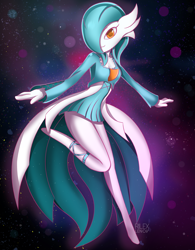 Size: 1500x1920 | Tagged: safe, artist:rilexlenov, fictional species, gardevoir, shiny pokémon, anthro, nintendo, pokémon, 2016, breasts, clothes, digital art, dress, eyelashes, female, hair, looking at you, one eye closed, pose, simple background, solo, solo female, thighs