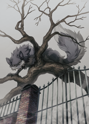 Size: 1016x1400 | Tagged: safe, artist:hioshiru, oc, oc only, oc:hioshiru, bird, canine, enfield, fictional species, fox, mammal, feral, 2021, 2d, claws, cloudy, ear fluff, featured image, female, fence, fluff, fog, fur, gate, gray body, gray fur, looking at you, multicolored fur, paws, plant, solo, solo female, tail, tail fluff, tree, two toned body, two toned fur, whiskers, white eyes