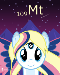 Size: 4000x5000 | Tagged: safe, artist:parclytaxel, oc, oc only, oc:star heart, equine, fictional species, mammal, pegasus, pony, feral, series:joycall6's periodic table, hasbro, my little pony, .svg available, absurd resolution, bust, chemistry, colored wings, commission, female, looking at you, mare, meitnerium, mountain, night, periodic table, portrait, smiling, solo, solo female, spread wings, starry sky, stars, third eye, vector, wings