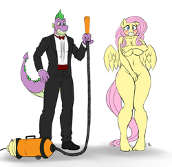 Size: 1200x1167 | Tagged: suggestive, alternate version, artist:pia-sama, fluttershy (mlp), spike (mlp), dragon, equine, fictional species, mammal, pegasus, pony, western dragon, anthro, plantigrade anthro, friendship is magic, hasbro, my little pony, 2021, anthrofied, barefoot, belly button, big breasts, blushing, bottomwear, breasts, clothes, covering breasts, covering crotch, digital art, duo, ears, embarrassed, embarrassed nude exposure, eyelashes, feet, female, funny porn, fur, hair, male, male/female, nudity, pants, scales, shocked, shoes, simple background, smiling, spread wings, tail, thighs, vacuum cleaner, white background, wide hips, wings