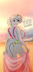 Size: 1080x2340 | Tagged: suggestive, artist:jerraldina, equine, human, mammal, pony, anthro, 6:13, beach, clothes, female, ocean, sexy, summer, sunset, swimsuit, water, ych