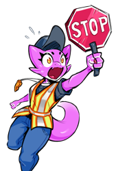 Size: 609x900 | Tagged: safe, artist:sorc, fictional species, kobold, reptile, anthro, bottomwear, clothes, crossing guard, female, hat, jewelry, necklace, open mouth, pants, shirt, solo, solo female, stop sign, topwear, vest, whistle