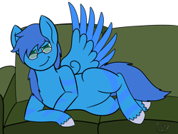 Size: 4000x3000 | Tagged: safe, artist:soupyfox, part of a set, oc, oc only, oc:steel warden, equine, fictional species, hybrid, mammal, pegasus, pony, zebra, zebroid, zony, feral, hasbro, my little pony, commission, couch, fur, glasses, looking at you, lying down, male, solo, solo male, stallion, striped fur, zebrasus