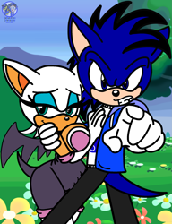 Size: 1833x2384 | Tagged: safe, artist:dajamodernthehedgie, artist:mrstheartist, rouge the bat (sonic), canon x oc, oc, oc:soneb the hedgehog, anthro, sega, sonic the hedgehog (series), angry, bedroom eyes, blue body, blue fur, breasts, clothes, fur, glare, hoodie, pointing at you, rougeb (sonic/oc), shipping, slightly chubby, topwear