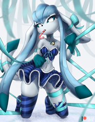 Size: 540x691 | Tagged: suggestive, artist:rilexlenov, eeveelution, fictional species, glaceon, mammal, anthro, cc by-nc, creative commons, nintendo, pokémon, 2018, black nose, bottomwear, breasts, candy cane, clothes, digital art, ears, eating, eyelashes, female, fur, hair, kneeling, legwear, looking at you, ribbon, skirt, solo, solo female, stockings, tank top, topwear