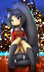 Size: 540x873 | Tagged: safe, artist:rilexlenov, fictional species, mawile, anthro, digitigrade anthro, cc by-nc, creative commons, nintendo, pokémon, 2018, black hair, blushing, breasts, christmas, christmas lights, christmas tree, clothes, conifer tree, digital art, eyelashes, female, hair, holiday, lights, looking at you, pose, signature, solo, solo female, tree, watermark