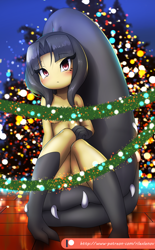 Size: 540x873 | Tagged: suggestive, alternate version, artist:rilexlenov, fictional species, mawile, anthro, digitigrade anthro, cc by-nc, creative commons, nintendo, pokémon, 2018, blushing, breasts, censored, christmas, christmas lights, christmas tree, conifer tree, digital art, eyelashes, female, hair, holiday, lights, looking at you, nudity, pose, solo, solo female, tree