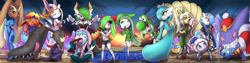 Size: 1200x300 | Tagged: safe, artist:rilexlenov, oc, oc:linna (rilexlenov), oc:midori (rilexlenov), oc:yui (rilexlenov), eeveelution, fictional species, gardevoir, glaceon, kirlia, legendary pokémon, lopunny, mammal, mawile, meloetta, mythical pokémon, ninetales, shiny pokémon, sylveon, anthro, digitigrade anthro, humanoid, cc by-nc, creative commons, nintendo, pokémon, super smash brothers, 2018, blushing, breasts, clothes, cosplay, digital art, ears, eyelashes, eyes closed, female, females only, fur, hair, looking at you, open mouth, pink nose, pose, suit, tongue, yawning