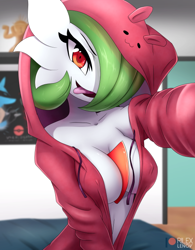 Size: 540x691 | Tagged: suggestive, artist:rilexlenov, fictional species, gardevoir, anthro, humanoid, nintendo, pokémon, 2018, bedroom, breasts, clothes, digital art, eyelashes, female, hair, hoodie, indoors, looking at you, one eye closed, open mouth, selfie, solo, solo female, tongue, tongue out, topwear