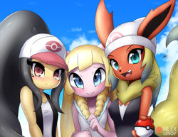 Size: 540x416 | Tagged: safe, artist:rilexlenov, eeveelution, fictional species, flareon, legendary pokémon, mammal, mawile, mew, mythical pokémon, anthro, nintendo, pokémon, 2018, black nose, breasts, cap, clothes, cloud, digital art, ears, eyelashes, female, females only, fur, hair, hat, looking at you, open mouth, selfie, sky, tail, tongue, trio, trio female