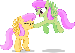 Size: 6775x4844 | Tagged: safe, artist:thatusualguy06, merry may (mlp), equine, fictional species, mammal, pegasus, pony, feral, friendship is magic, hasbro, my little pony, .ai available, absurd resolution, colored outline, duo, duo female, eyes closed, female, females only, green outline, hooves, mare, on model, raised hoof, simple background, spread wings, sunny rays (mlp), transparent background, vector, wingboner, wings
