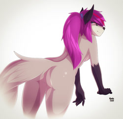 Size: 1024x997 | Tagged: suggestive, artist:marblesoda, oc, oc only, oc:syrth, canine, fox, mammal, anthro, big butt, breasts, butt, female, glasses, hair, looking back, ponytail, sideboob, signature, simple background, solo, solo female, tail, vixen, white background