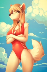 Size: 856x1300 | Tagged: safe, artist:marblesoda, canine, mammal, anthro, 2019, big breasts, breasts, choker, clothes, crossed arms, female, fluff, lifeguard, one-piece swimsuit, shoulder fluff, sky, solo, solo female, swimsuit, whistle