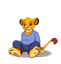 Size: 1024x1068 | Tagged: safe, artist:chaosgreiga, simba (the lion king), big cat, feline, lion, mammal, anthro, plantigrade anthro, disney, the lion king, barefoot, clothes, feet, male, smiling, soles, solo, solo male, toes