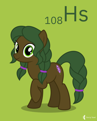 Size: 4000x5000 | Tagged: safe, artist:parclytaxel, oc, oc only, oc:hyacinth, earth pony, equine, fictional species, mammal, pony, feral, series:joycall6's periodic table, hasbro, my little pony, .svg available, absurd resolution, braid, braided tail, chemistry, commission, female, green background, hair, hassium, looking at you, mare, periodic table, simple background, smiling, solo, solo female, tail, vector