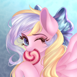 Size: 1800x1800 | Tagged: safe, artist:shimisen, oc, oc only, oc:bay breeze, equine, fictional species, mammal, pegasus, pony, feral, friendship is magic, hasbro, my little pony, 2021, blonde hair, blonde mane, bow, candy, cute, eyelashes, feathered wings, feathers, female, food, hair, hair bow, heart, heart eyes, lollipop, looking at you, mane, mare, one eye closed, pink body, simple background, solo, solo female, wingding eyes, wings, winking